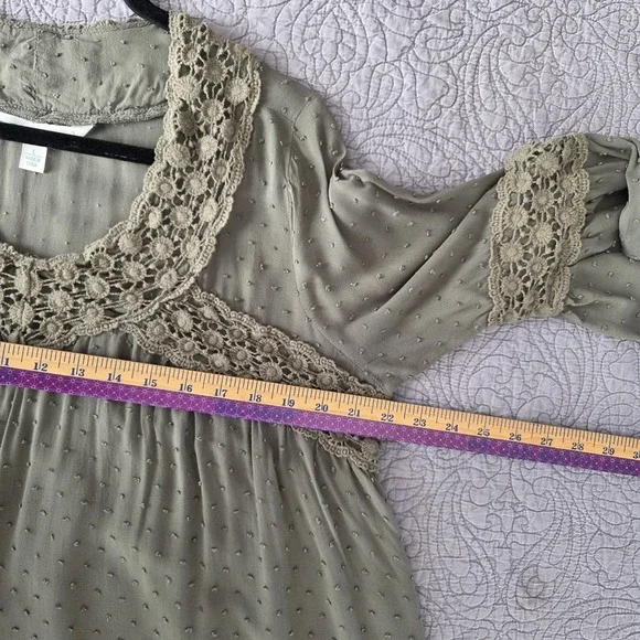 Womens L Peasant Babydoll Top Tunic Crochet Olive Green Cottage Boho Festival‎ - Picture 9 of 10